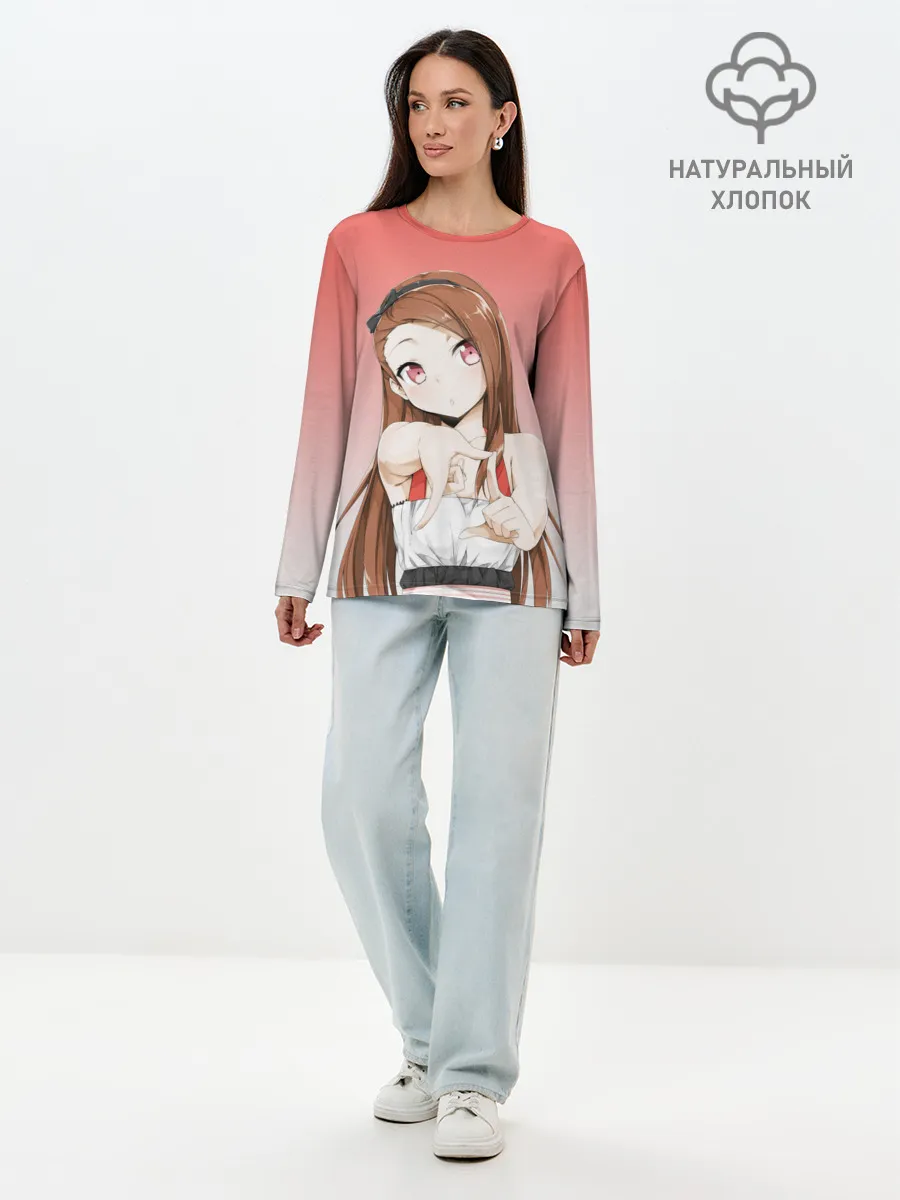 Лонгслив женский. Хлопок / девушка ищет кадр измеряет