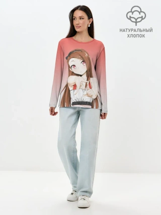 Лонгслив женский. Хлопок / девушка ищет кадр измеряет