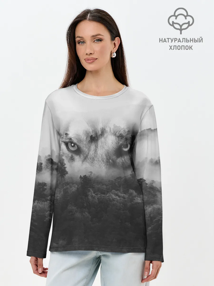 Лонгслив женский. Хлопок / Волк в лесу