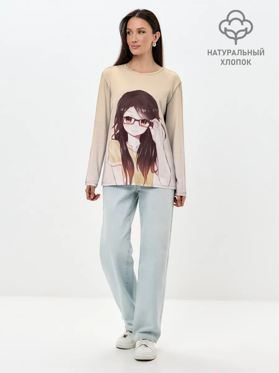 Лонгслив женский. Хлопок / девочка в очках милая