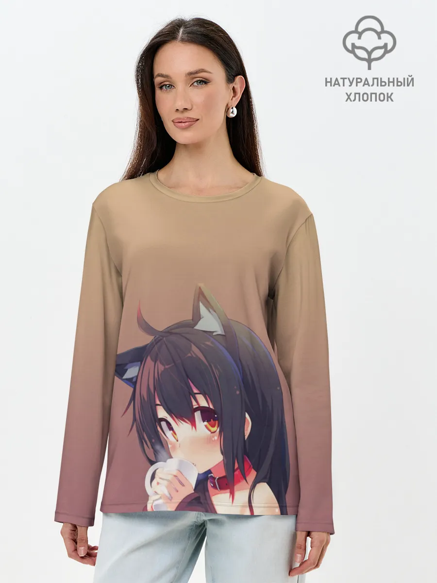 Лонгслив женский. Хлопок / девочка ушки кофе