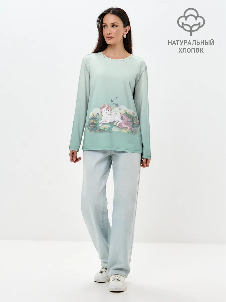Лонгслив женский. Хлопок / единорог с бабочками