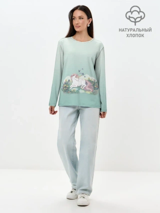 Лонгслив женский. Хлопок / единорог с бабочками