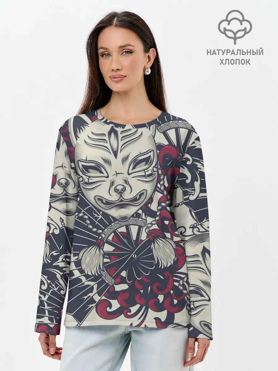 Лонгслив женский. Хлопок / Маска Кицунэ | Маска лисы