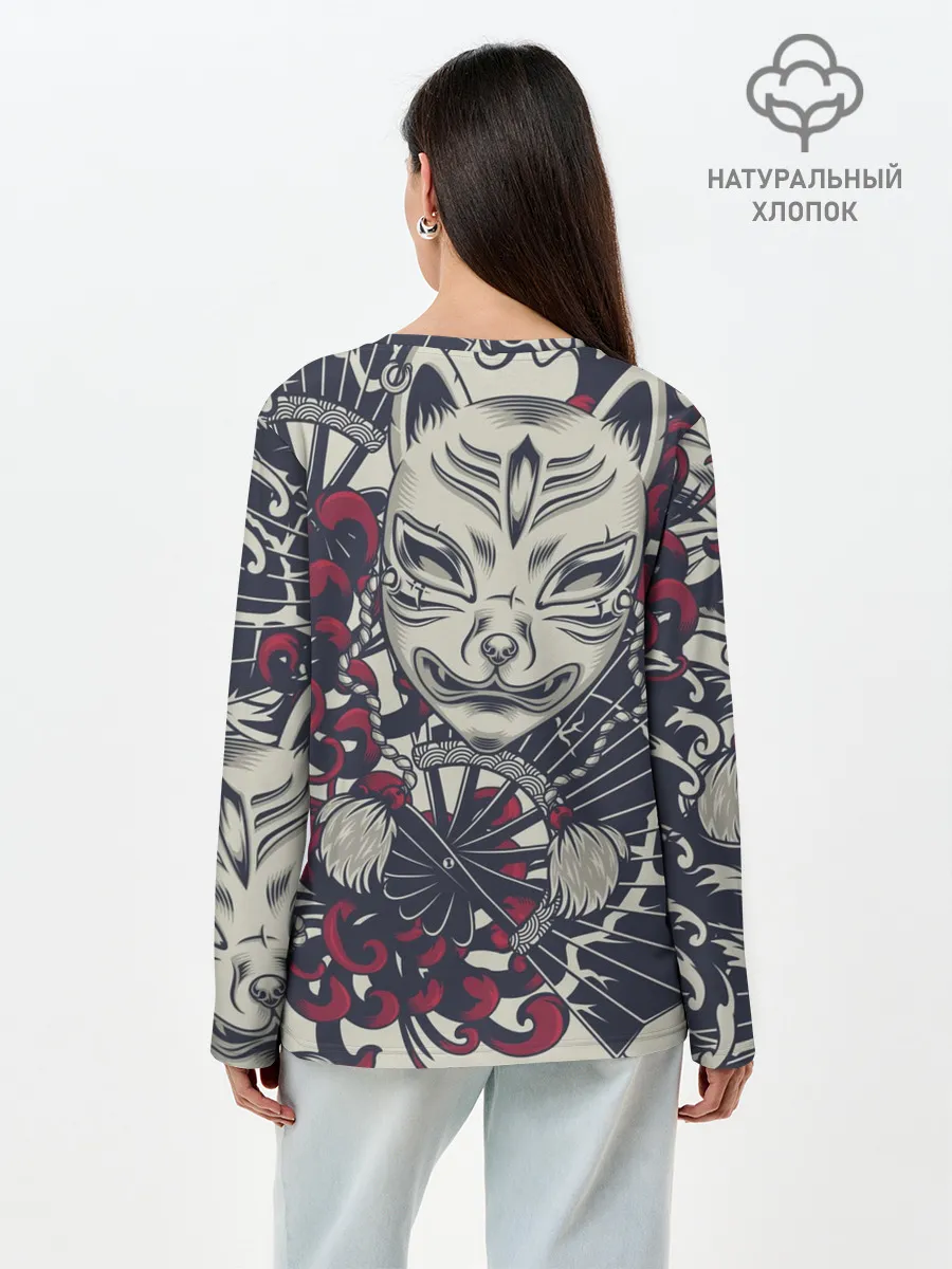 Лонгслив женский. Хлопок / Маска Кицунэ | Маска лисы