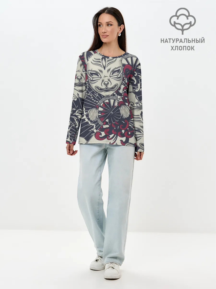 Лонгслив женский. Хлопок / Маска Кицунэ | Маска лисы