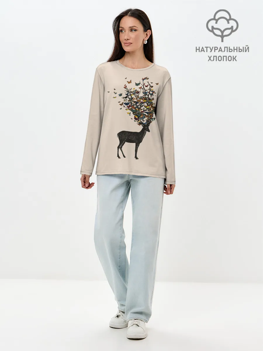 Лонгслив женский. Хлопок / Олени с рогами из бабочек