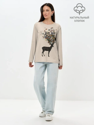 Лонгслив женский. Хлопок / Олени с рогами из бабочек
