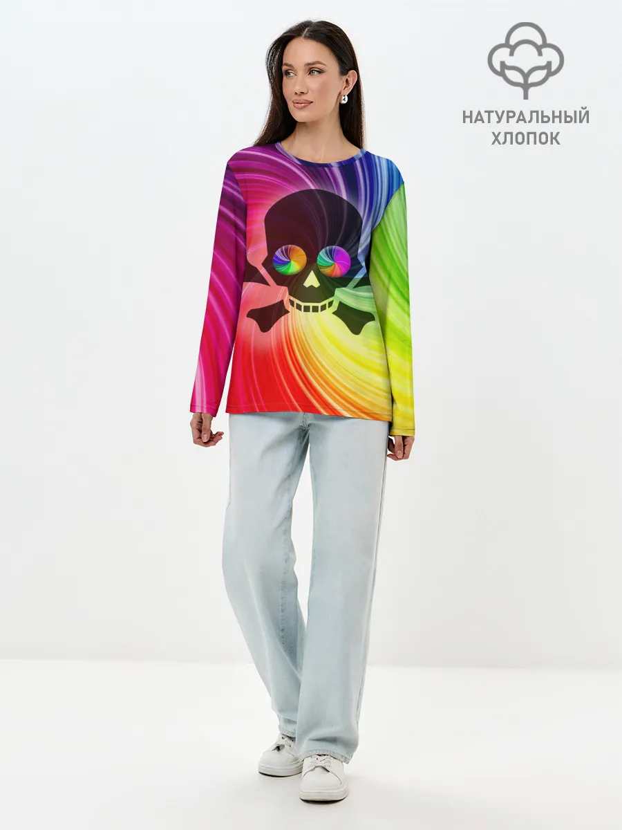 Лонгслив женский. Хлопок / Радужный череп