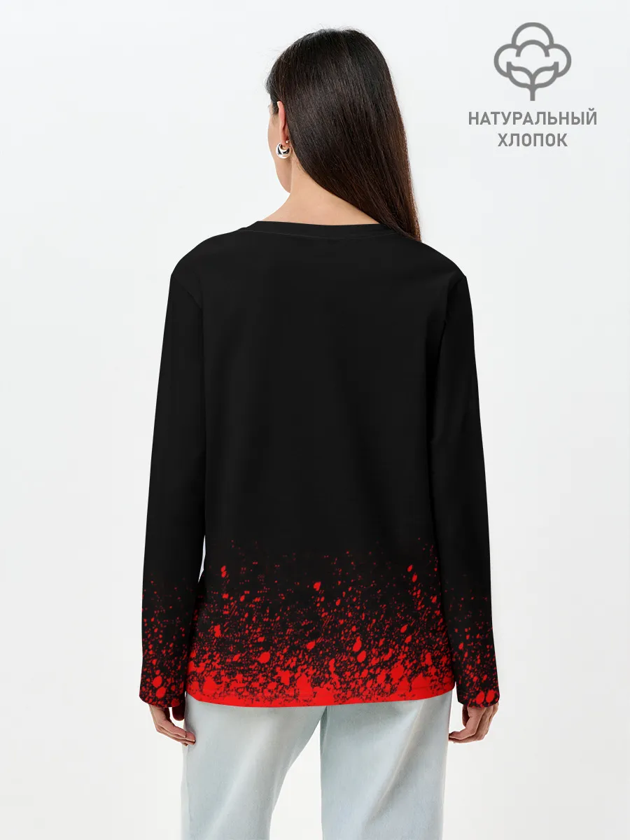 Лонгслив женский. Хлопок / Красный логотип Черный клевер на черном