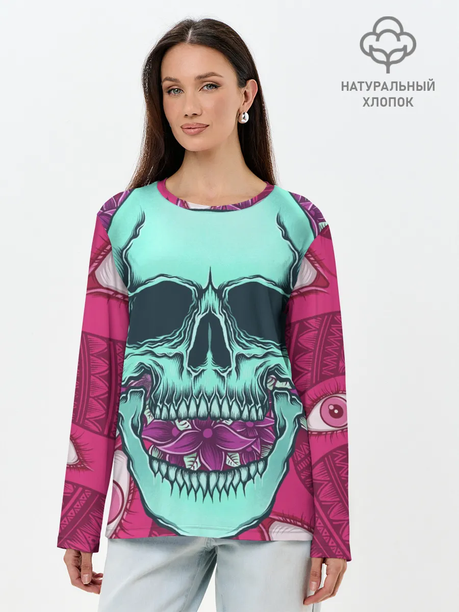 Лонгслив женский. Хлопок / Череп в цветах