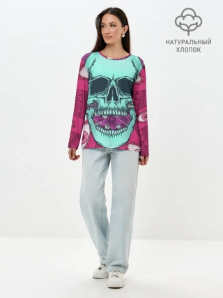 Лонгслив женский. Хлопок / Череп в цветах