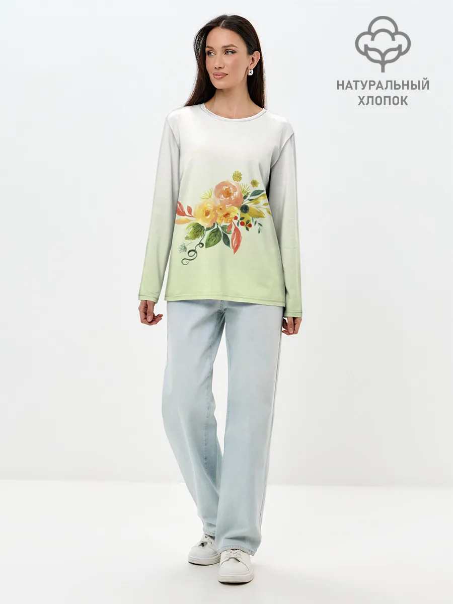 Лонгслив женский. Хлопок / букет рисунок