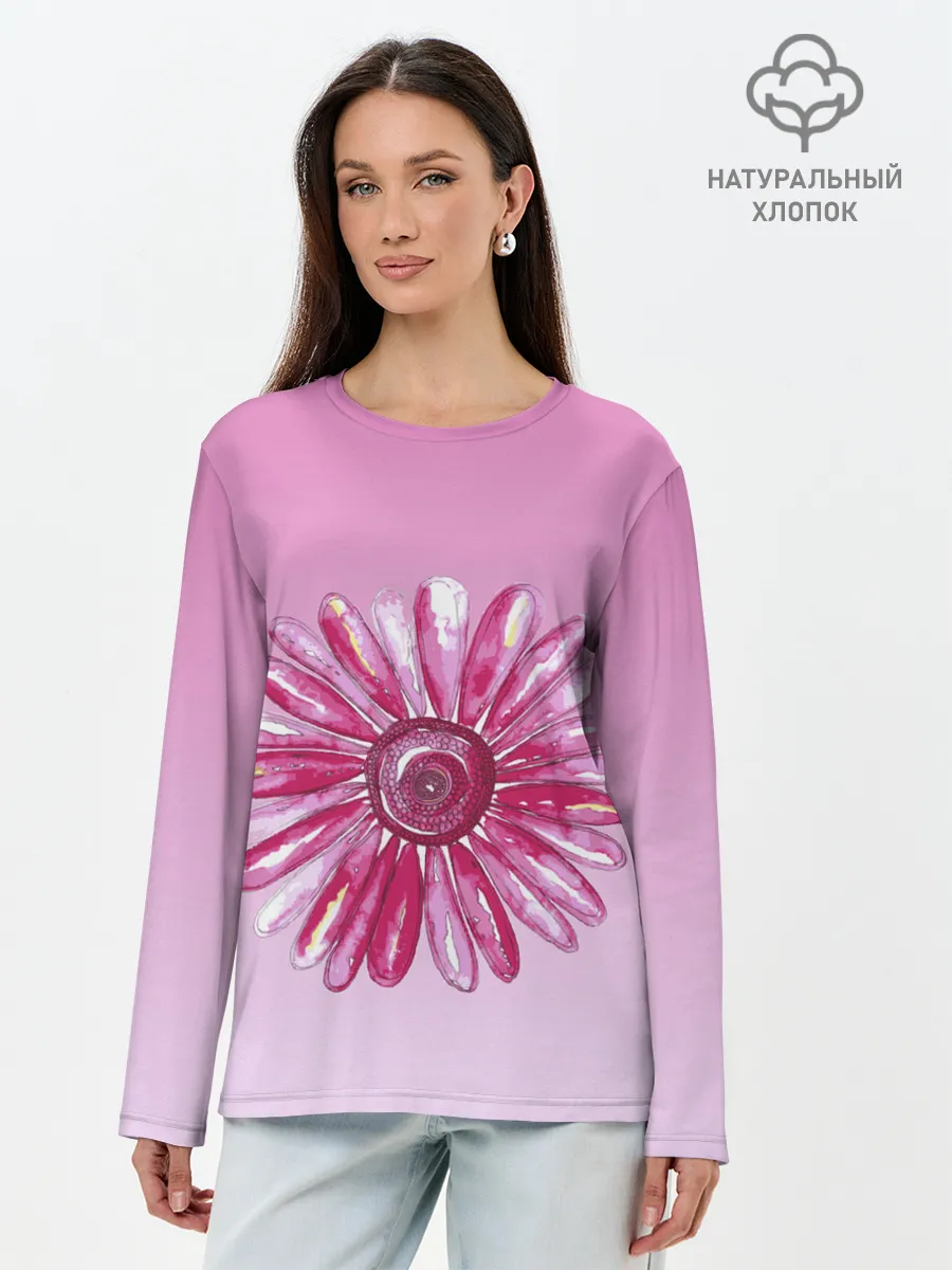 Лонгслив женский. Хлопок / розовая ромашка