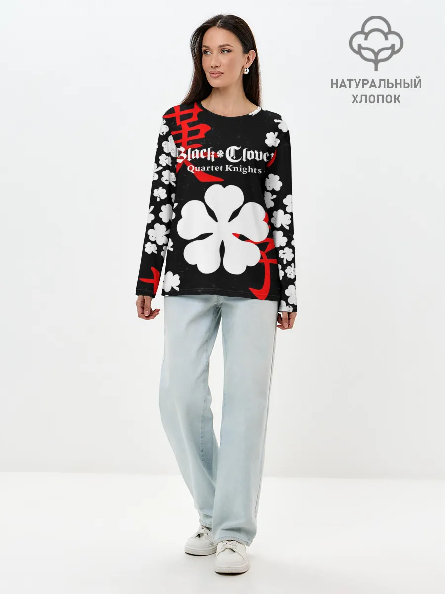Лонгслив женский. Хлопок / Логотип черный клевер и маленькие листья