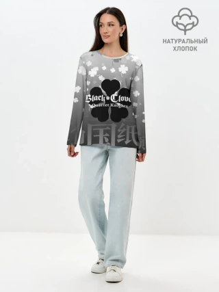 Лонгслив женский. Хлопок / Черный логотип Клевера на сером градиенте