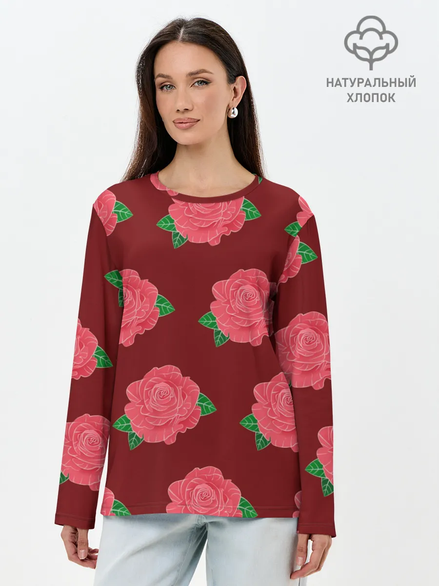 Лонгслив женский. Хлопок / Розы на красном