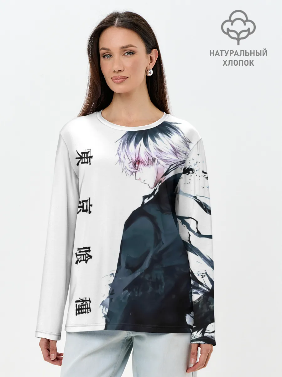 Лонгслив женский. Хлопок / Kaneki Ken белая акварель