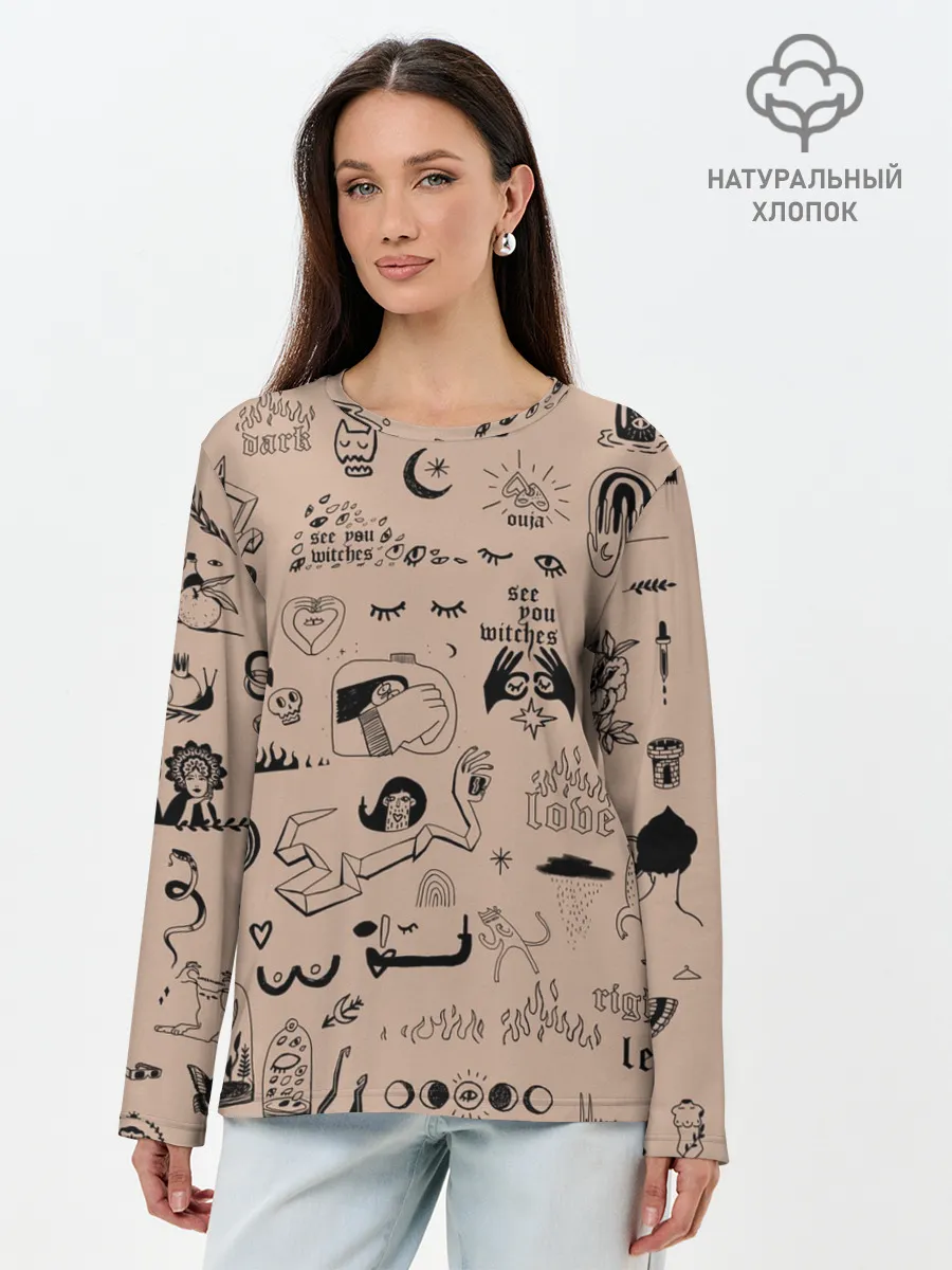 Лонгслив женский. Хлопок / принт в стиле тату