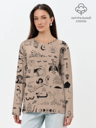 Лонгслив женский. Хлопок / принт в стиле тату