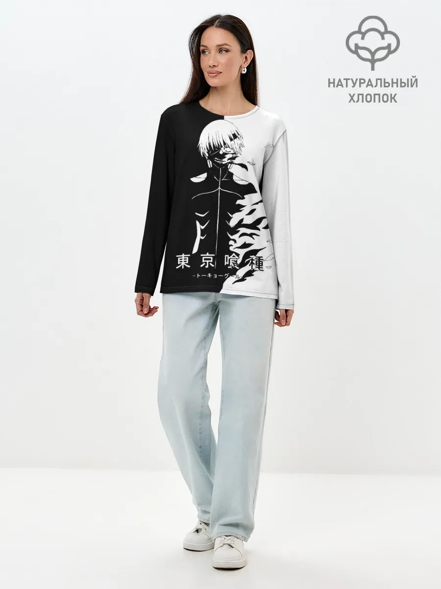 Лонгслив женский. Хлопок / Токийский гуль черно белый Кен