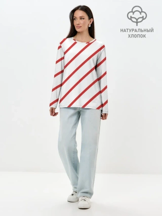 Лонгслив женский. Хлопок / Полосы красные на белом