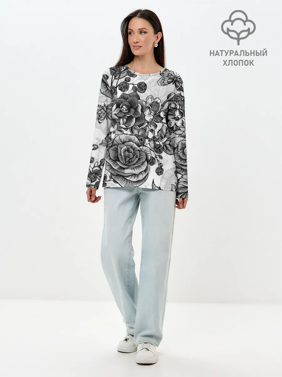 Лонгслив женский. Хлопок / РОЗЫ | ROSES | БАБОЧКИ
