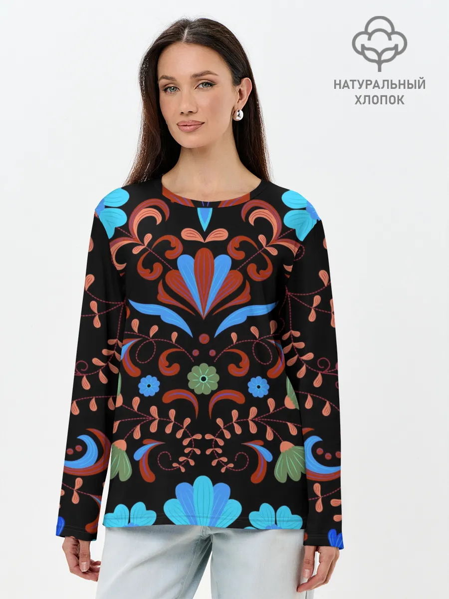 Лонгслив женский. Хлопок / РОСПИСЬ ЦВЕТАМИ