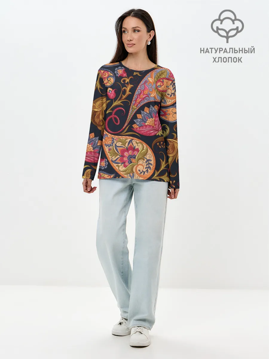 Лонгслив женский. Хлопок / РОСПИСЬ ЦВЕТАМИ