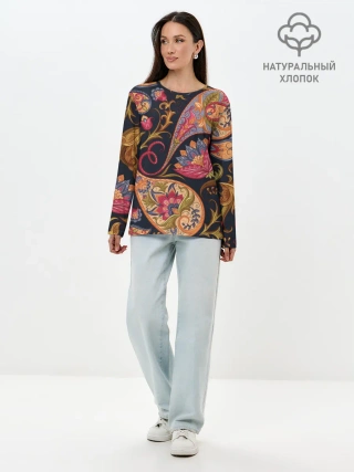 Лонгслив женский. Хлопок / РОСПИСЬ ЦВЕТАМИ