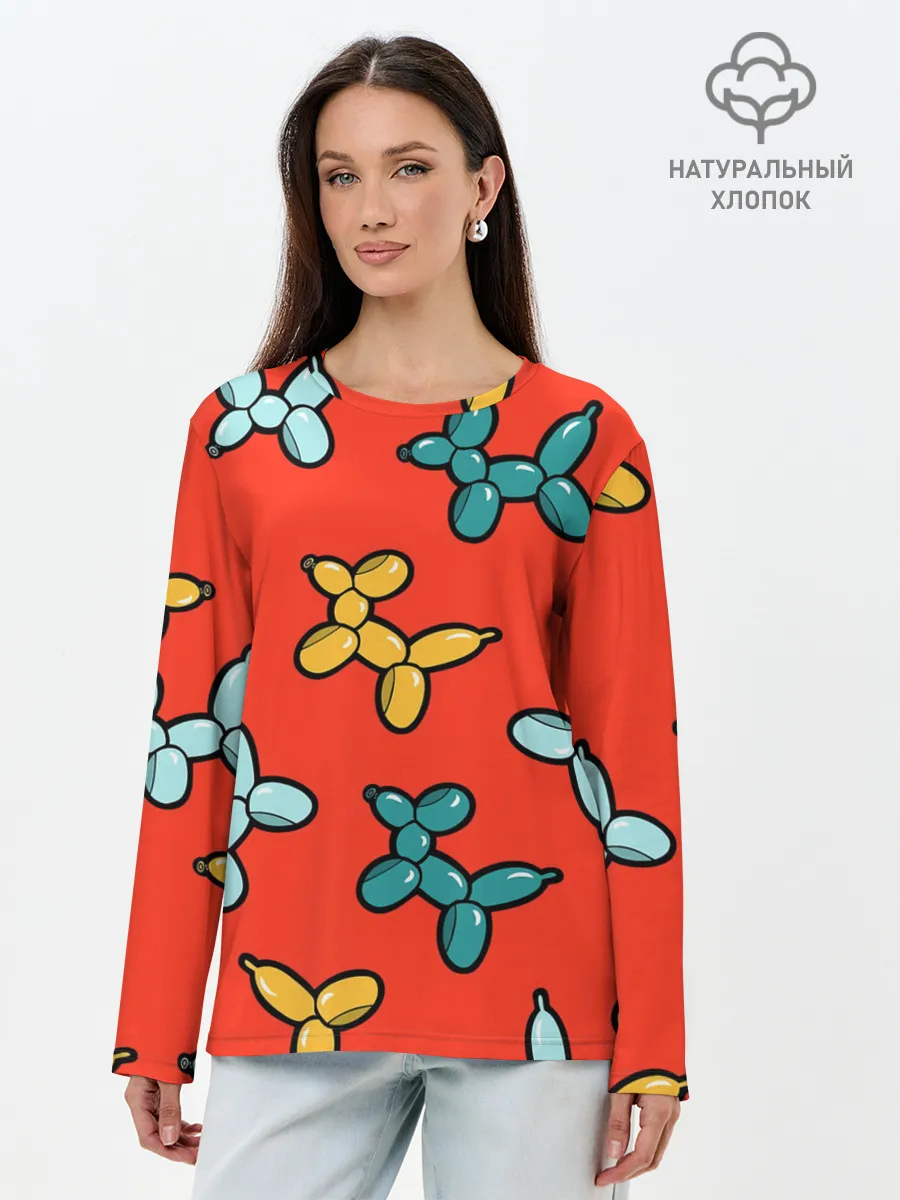 Лонгслив женский. Хлопок / Собачки шарики