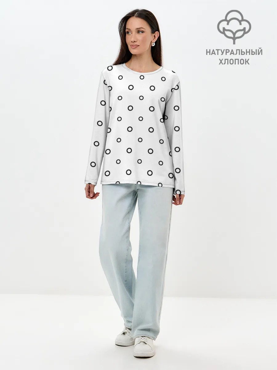 Лонгслив женский. Хлопок / Черно-белый узор в горошек.