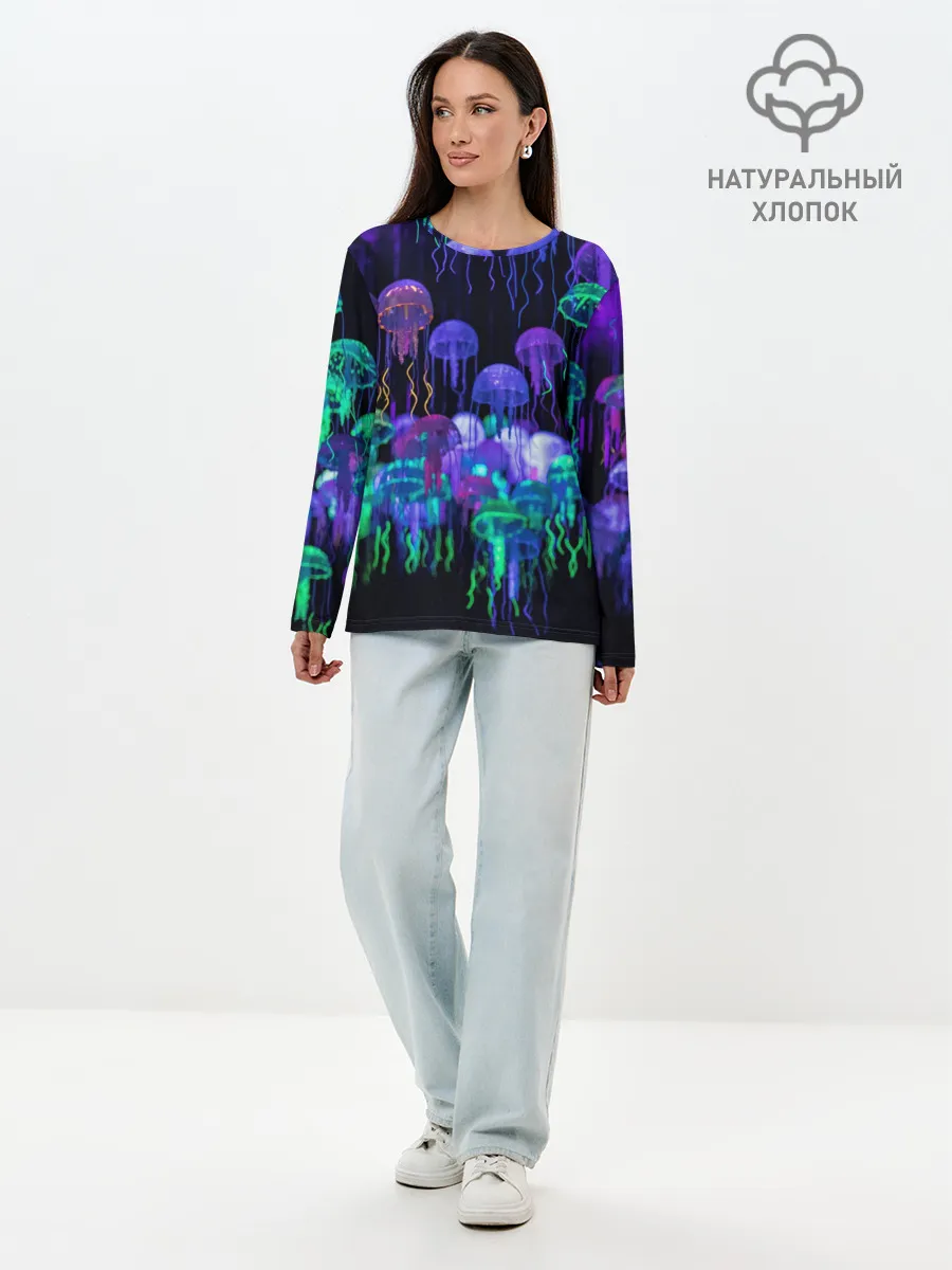 Лонгслив женский. Хлопок / Неоновые медузы
