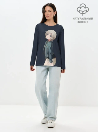 Лонгслив женский. Хлопок / Аниме Тян в джинсовке