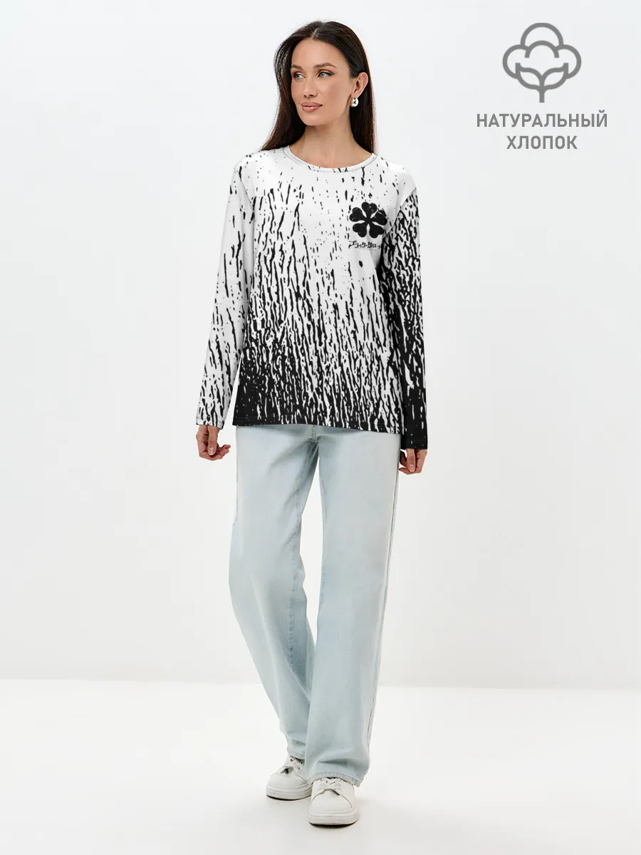 Лонгслив женский. Хлопок / Черный клевер на едко белом фоне