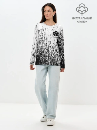 Лонгслив женский. Хлопок / Черный клевер на едко белом фоне