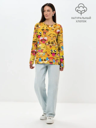 Лонгслив женский. Хлопок / Ахегао эмодзи паттерн