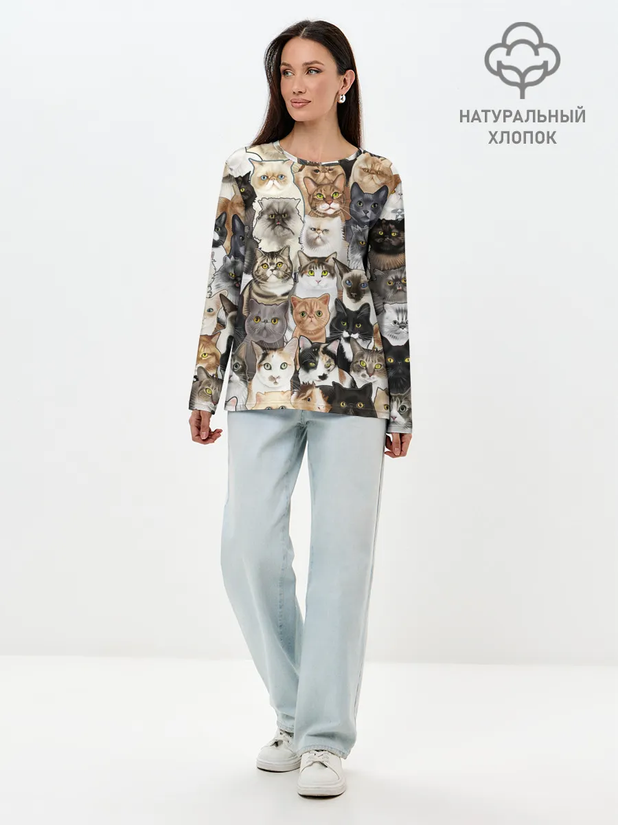 Лонгслив женский. Хлопок / Котики смешные