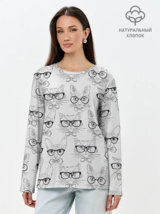 Лонгслив женский. Хлопок / Кошки в очках