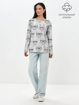 Лонгслив женский. Хлопок / Кошки в очках