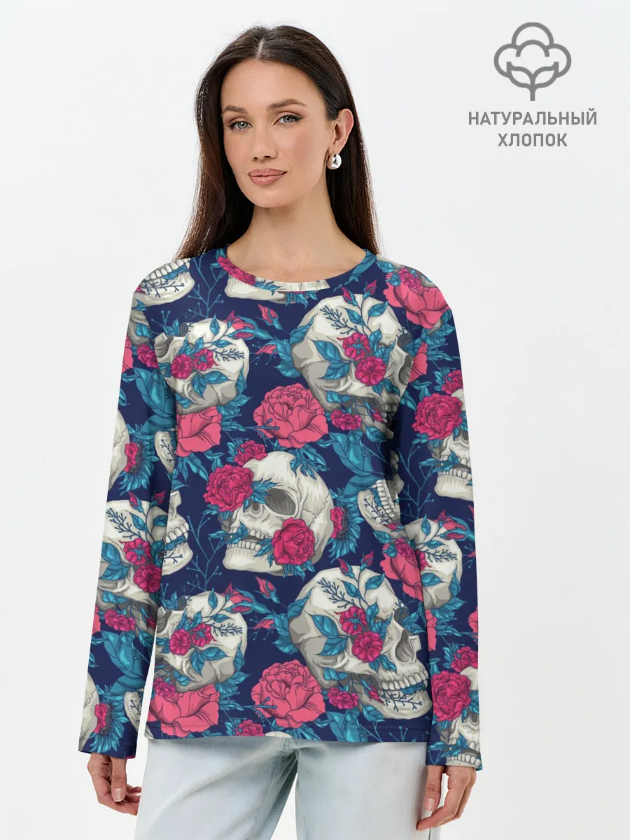 Лонгслив женский. Хлопок / Реалистичные черепа с розами