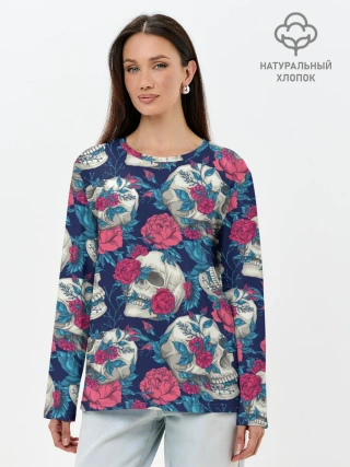 Лонгслив женский. Хлопок / Реалистичные черепа с розами