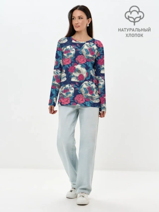 Лонгслив женский. Хлопок / Реалистичные черепа с розами