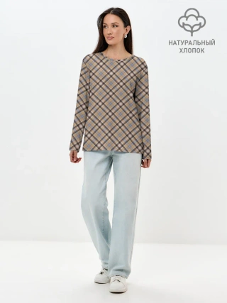Лонгслив женский. Хлопок / Клеточный узор