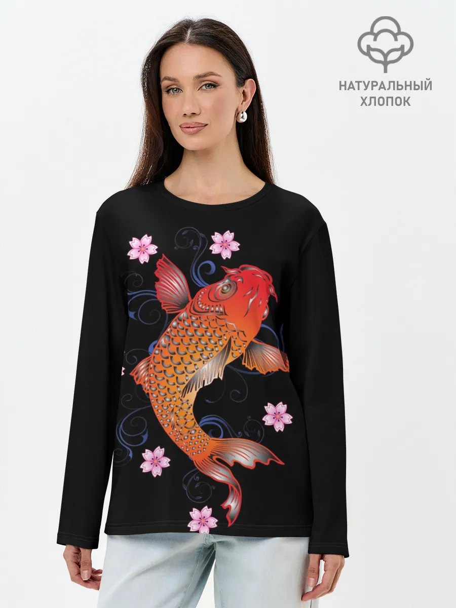 Лонгслив женский. Хлопок / Карп Кои с Цветами