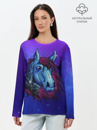 Лонгслив женский. Хлопок / Retrowave Neon Horse