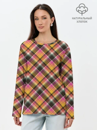 Лонгслив женский. Хлопок / Клеточный узор