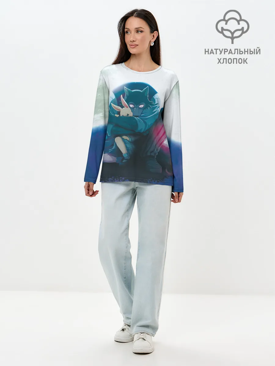 Лонгслив женский. Хлопок / Легоси Хару крупный принт