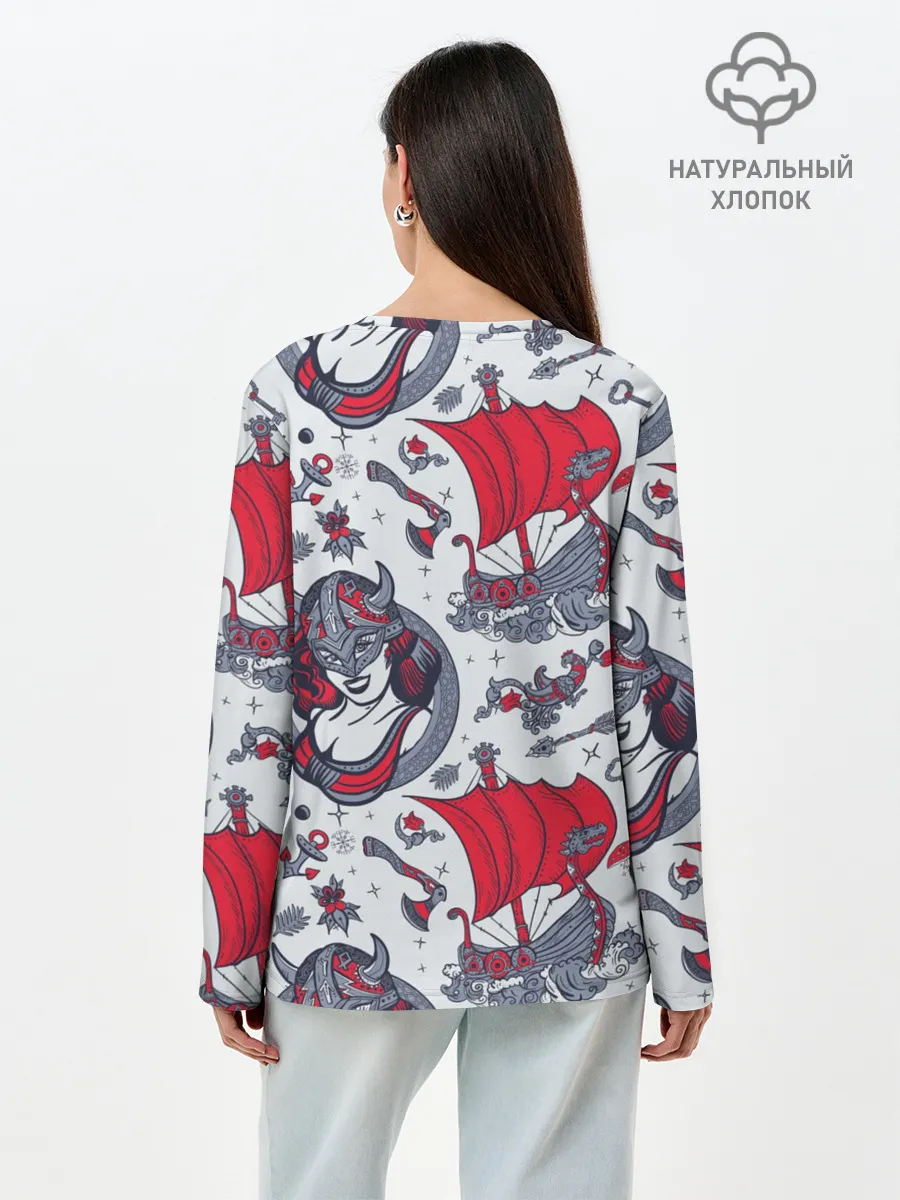 Лонгслив женский. Хлопок / Корабли и девушка викинг