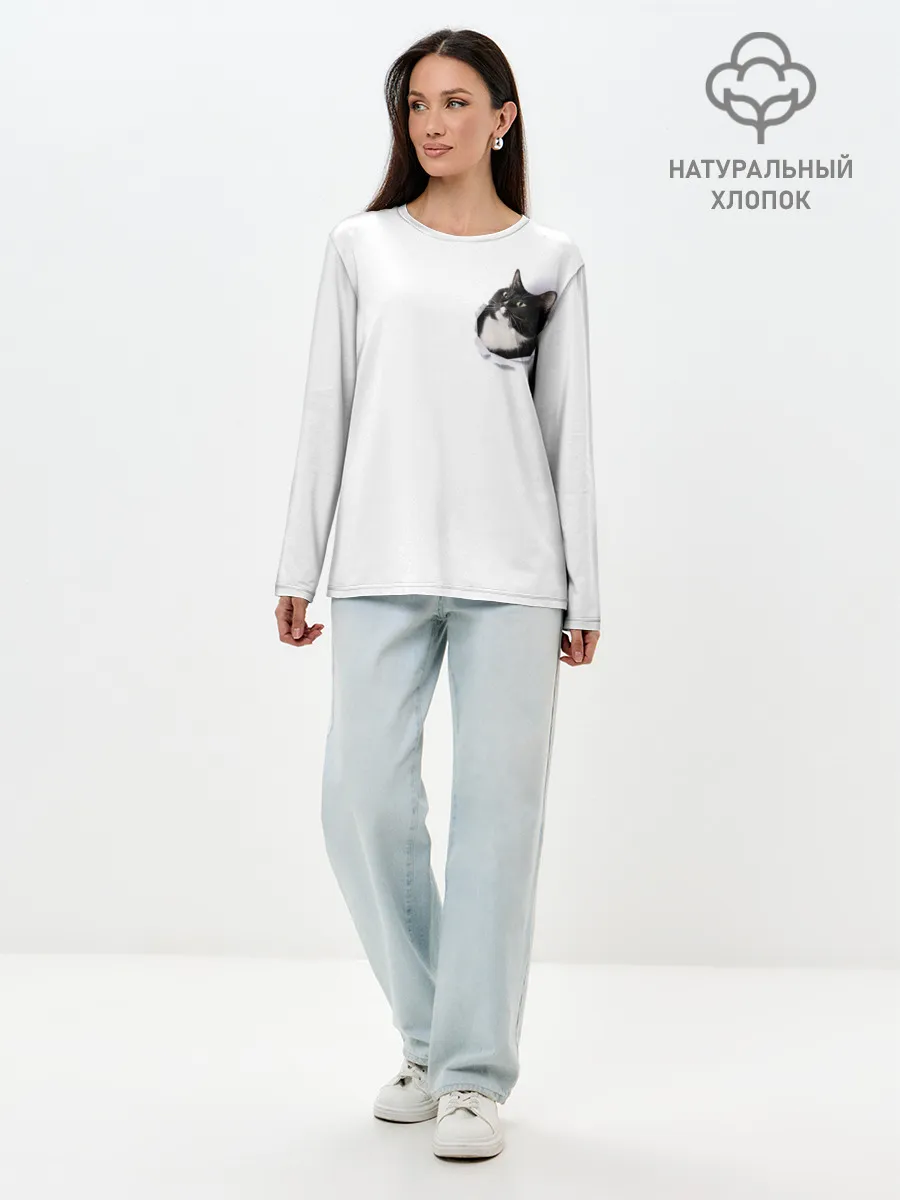 Лонгслив женский. Хлопок / КОТ В СЕРДЦЕ